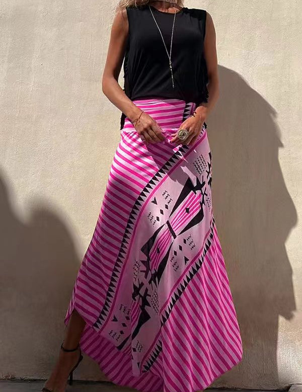 Falda larga de cintura alta con estampado tribal para mujer y dobladillo fluido