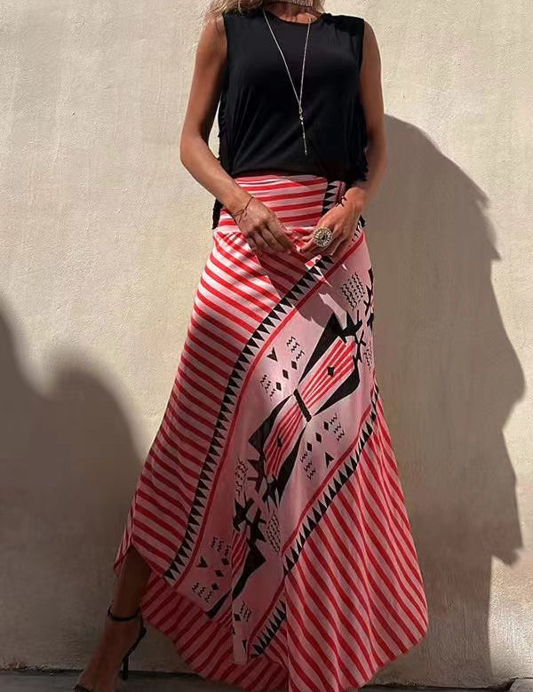 Falda larga de cintura alta con estampado tribal para mujer y dobladillo fluido