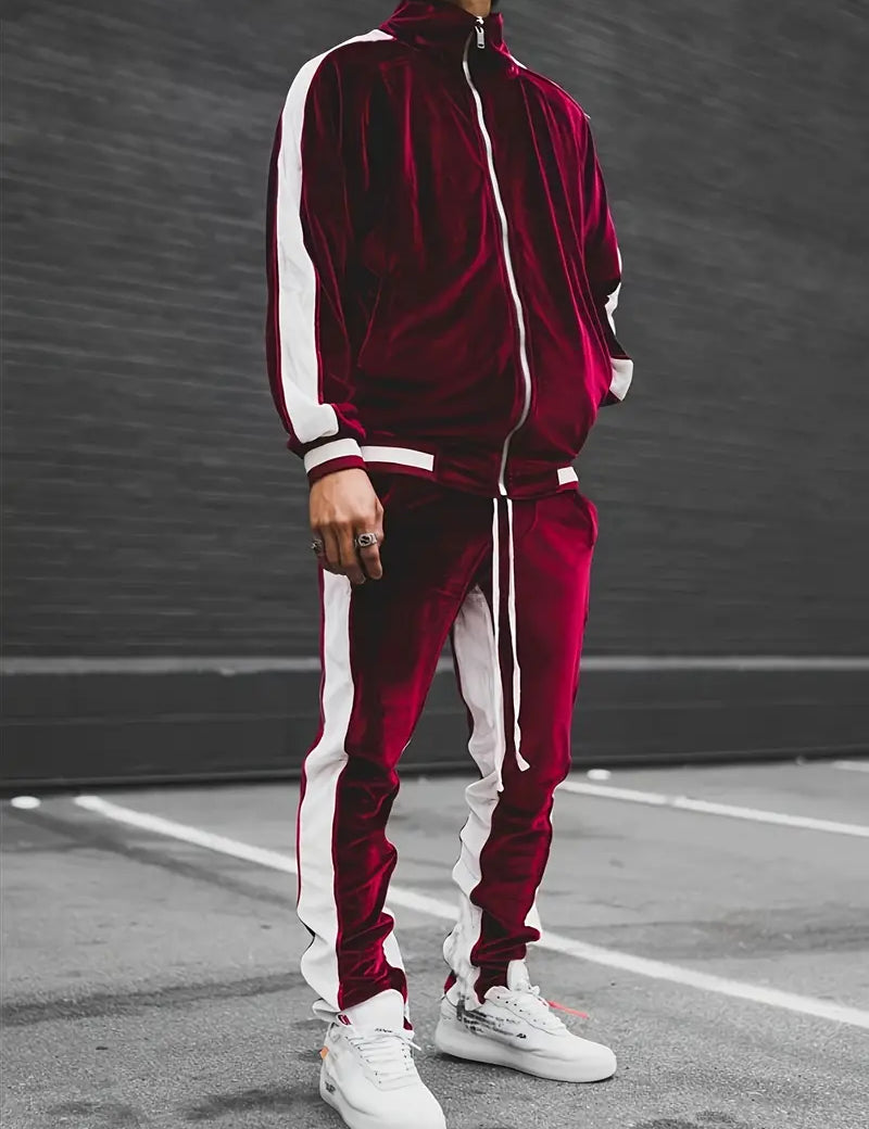 Conjunto deportivo de terciopelo para hombre de 2 piezas con cremallera y cordón