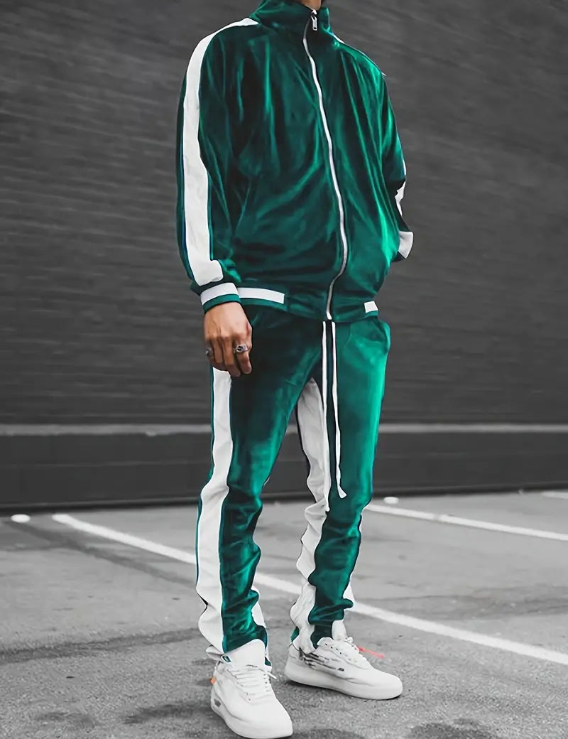 Conjunto deportivo de terciopelo para hombre de 2 piezas con cremallera y cordón