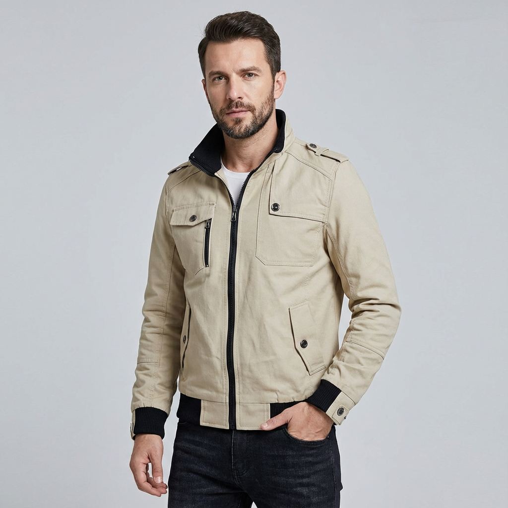Chaqueta bomber ligera para hombre con bolsillos utilitarios y cremallera