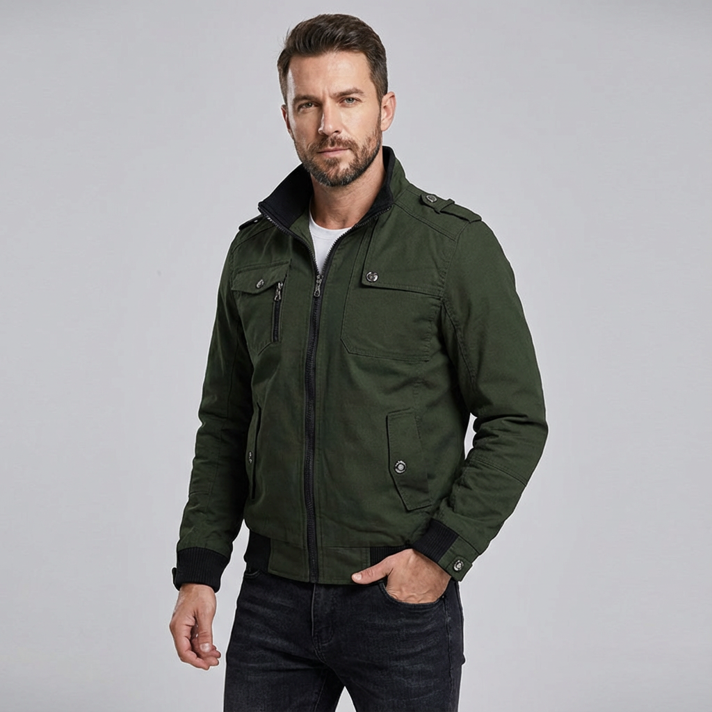 Chaqueta bomber ligera para hombre con bolsillos utilitarios y cremallera