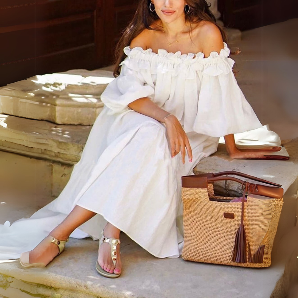 Vestido largo con hombros descubiertos, volantes y mangas abullonadas para mujer