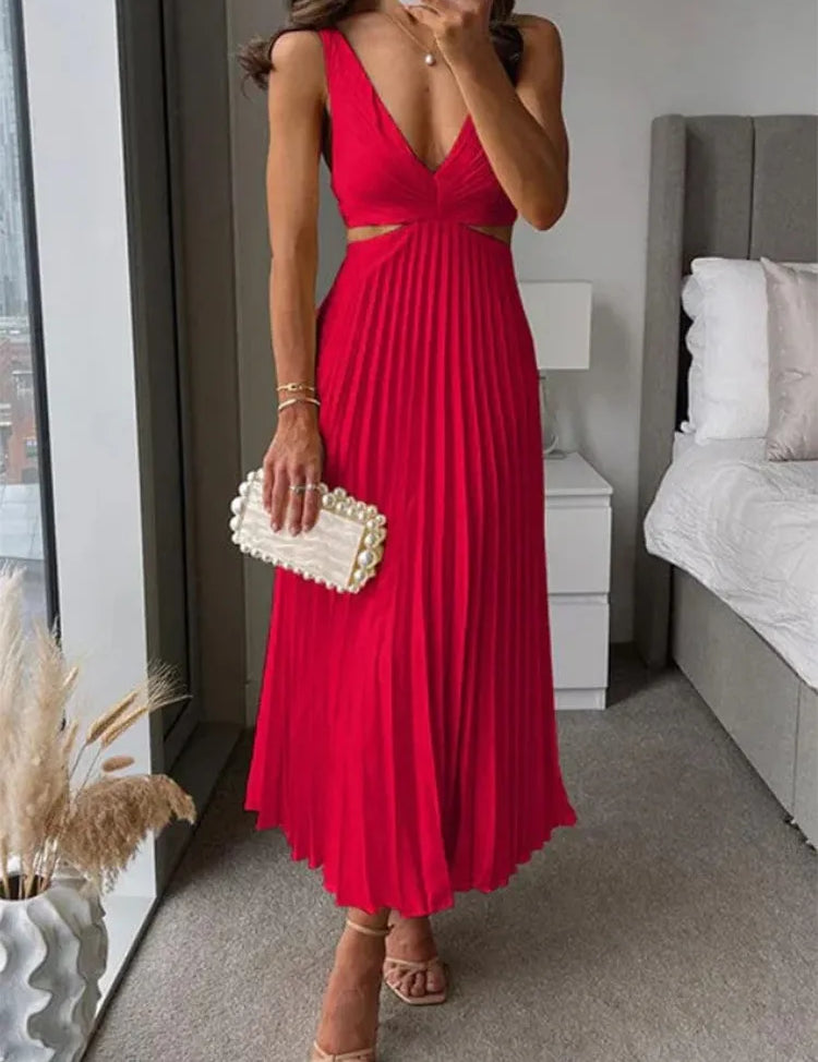 Elegante vestido de falda plisada con cuello en V para mujer