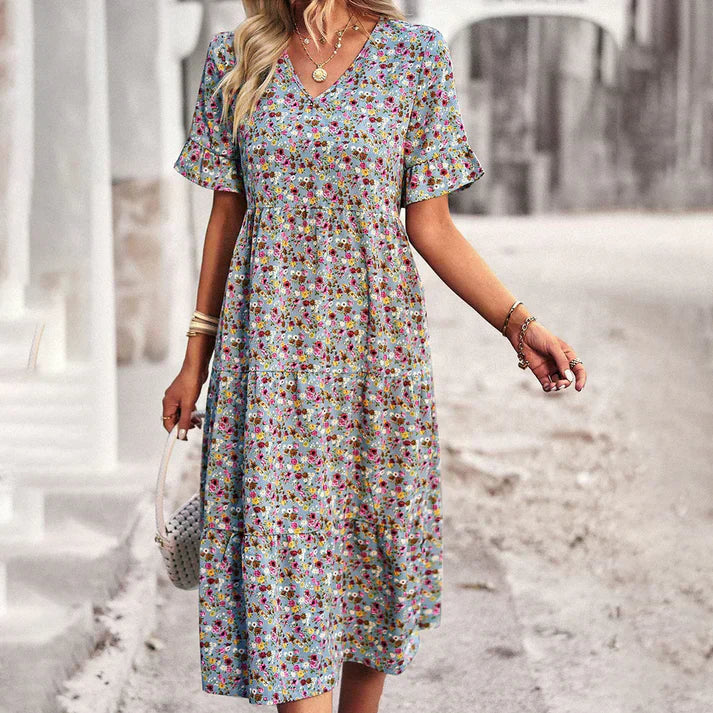 Vestido midi floral para mujer con mangas cortas y escote en V