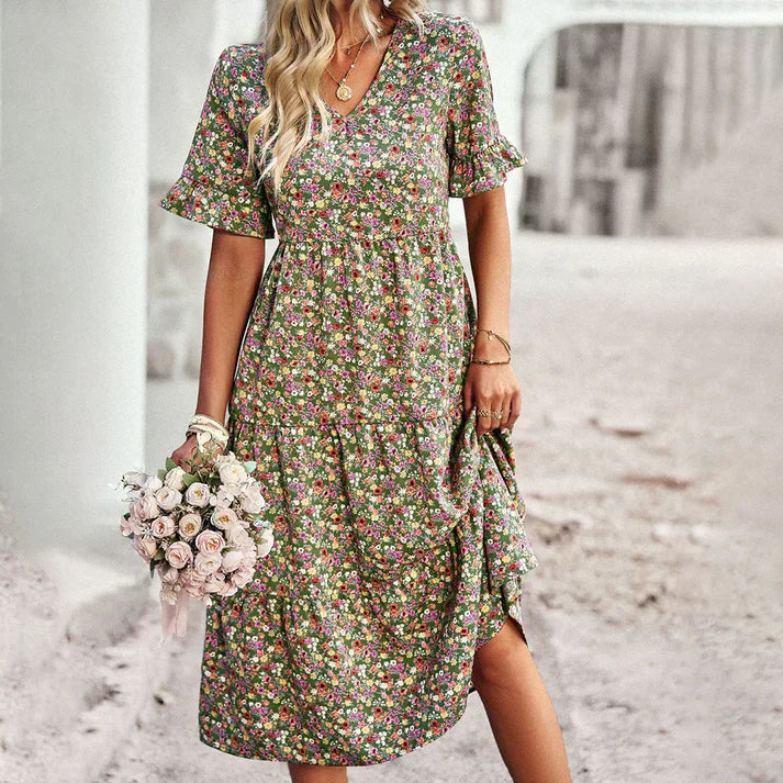 Vestido midi floral para mujer con mangas cortas y escote en V