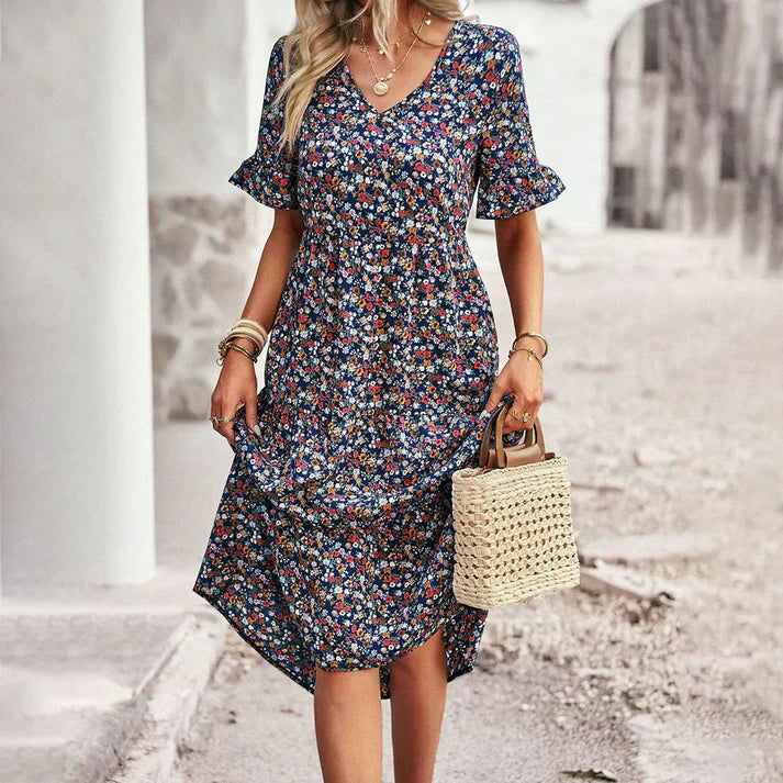 Vestido midi floral para mujer con mangas cortas y escote en V