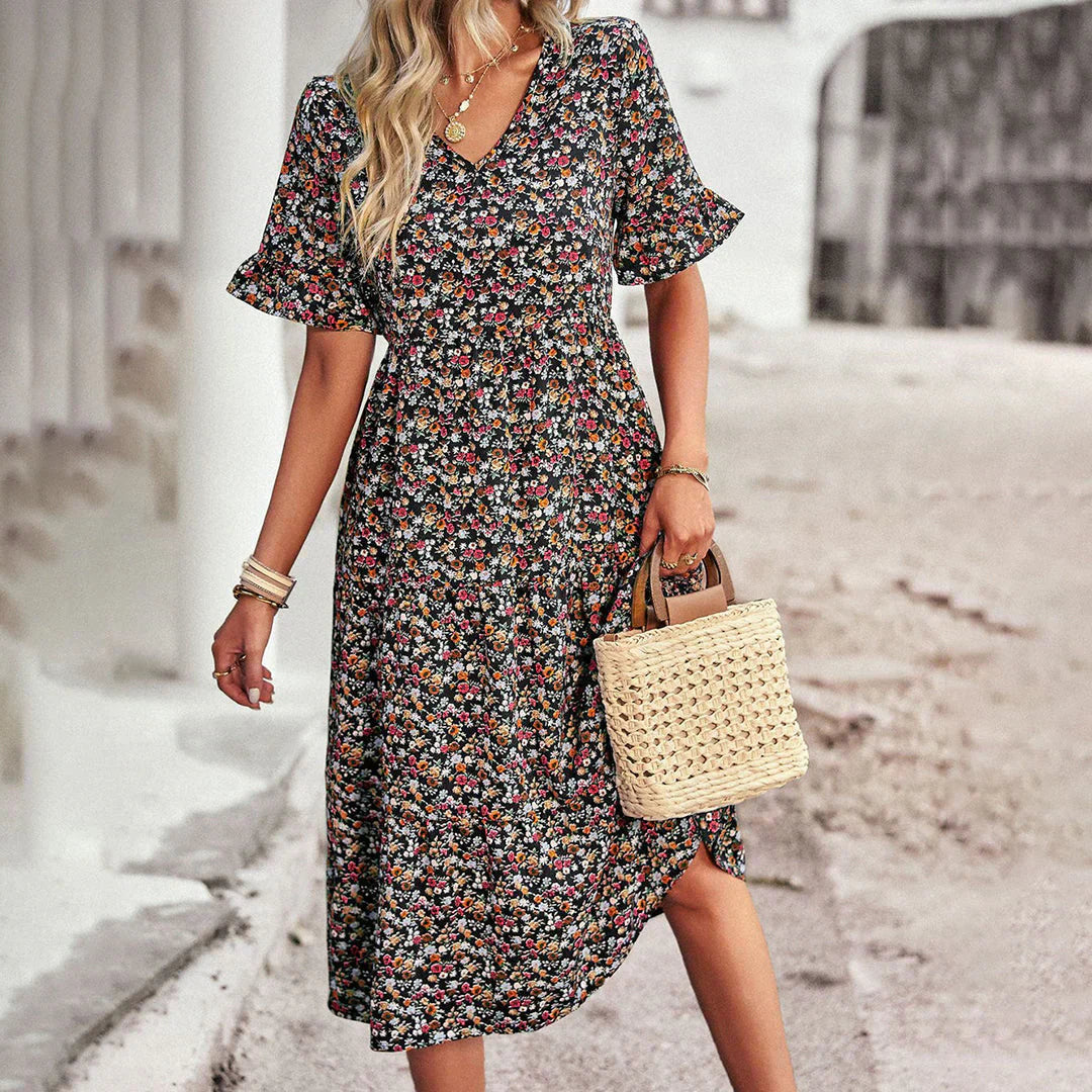 Vestido midi floral para mujer con mangas cortas y escote en V