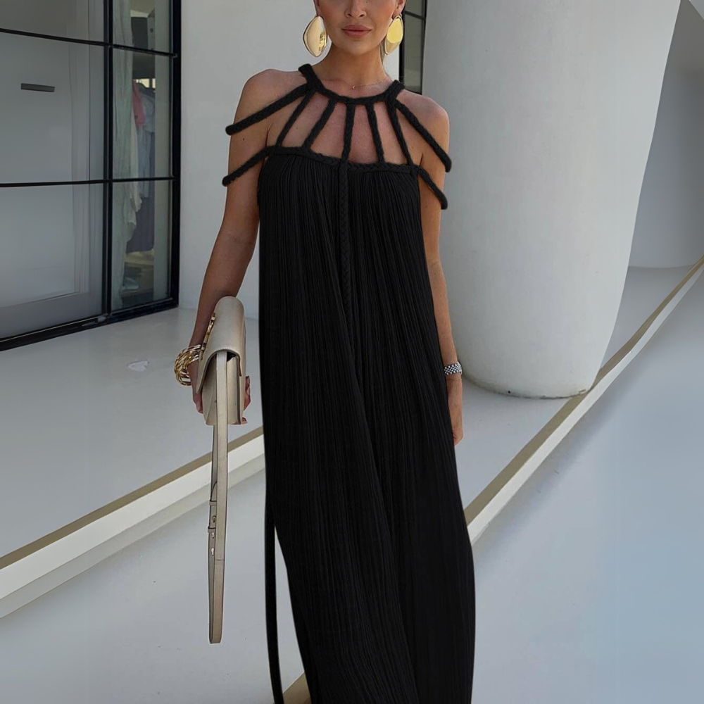 Vestido largo drapeado para mujer con detalle de tiras trenzadas