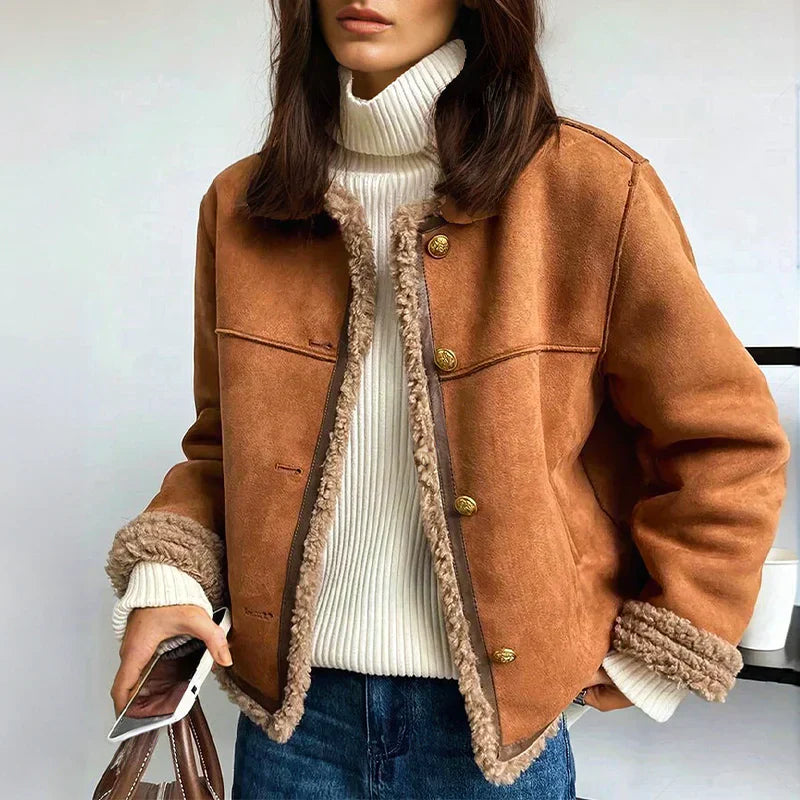 Chaqueta de invierno abotonada para mujer con forro interior suave