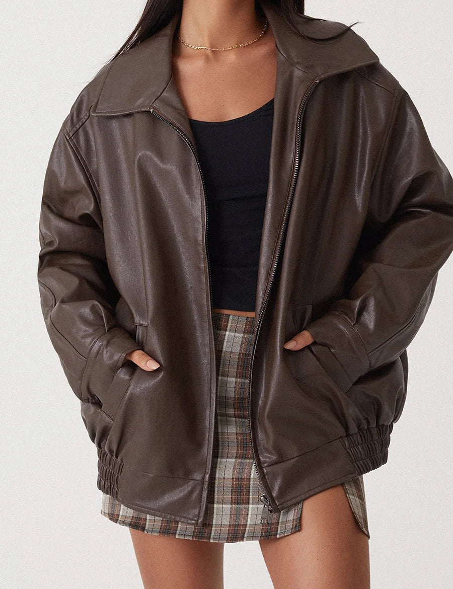 Chaqueta bomber de cuero extragrande para mujer con cremallera frontal