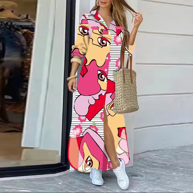 Vestido largo de mezclilla con estampado de camisa para mujer, botones delanteros y bolsillos