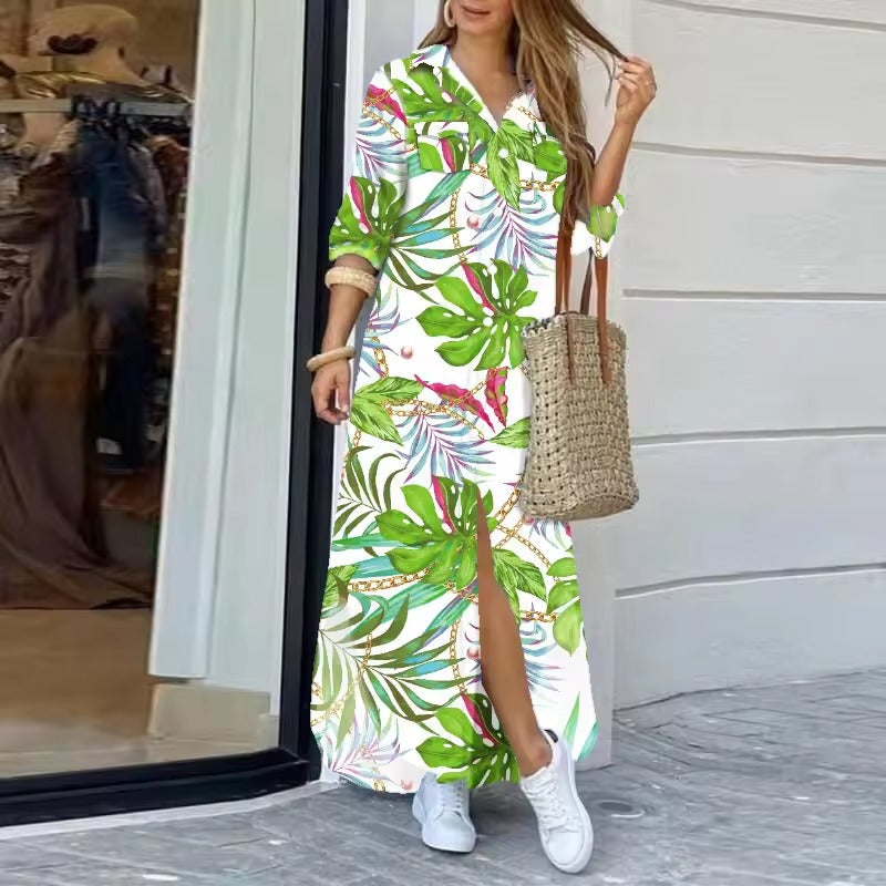 Vestido largo de mezclilla con estampado de camisa para mujer, botones delanteros y bolsillos