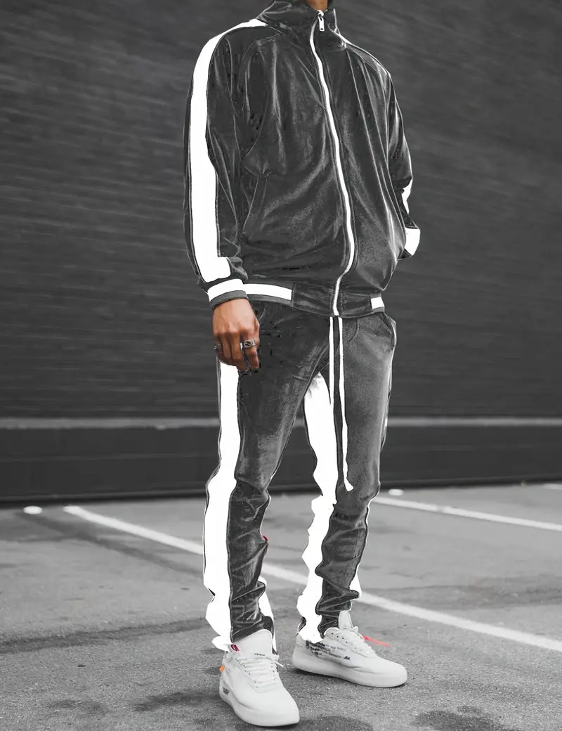 Conjunto deportivo de terciopelo para hombre de 2 piezas con cremallera y cordón