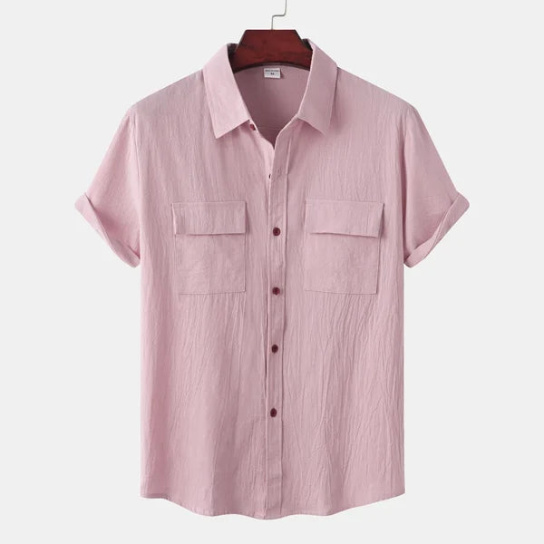 Camisa informal de manga corta para hombre con bolsillos delanteros y cierre de botones