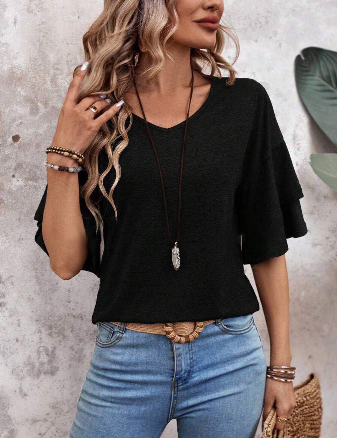 Blusa con cuello en V y mangas con volantes para mujer