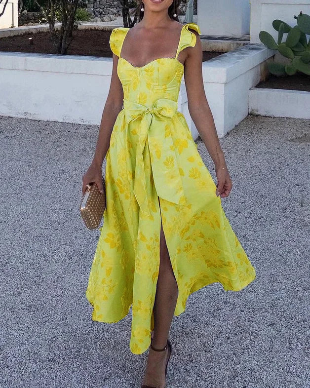Vestido midi con estampado floral para mujer, cintura con lazo y mangas mariposa