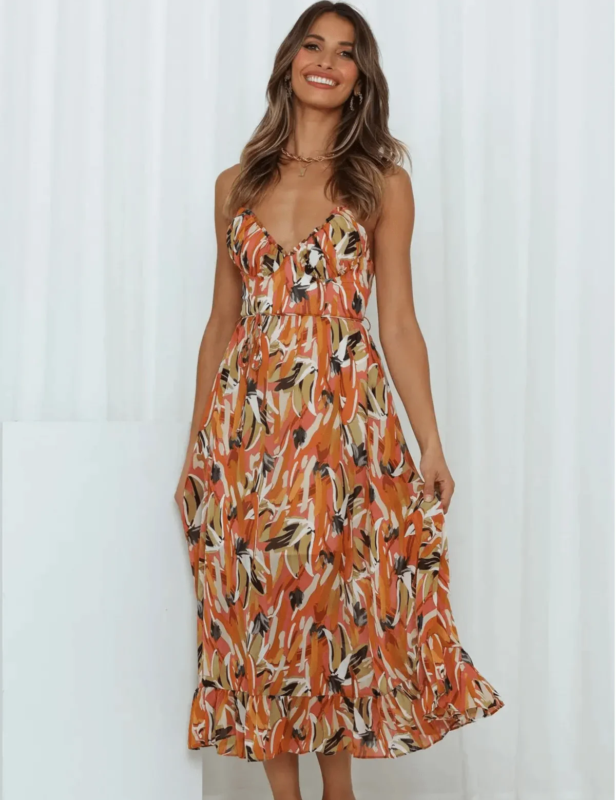 Vestido midi floral con escote en V y volantes para mujer