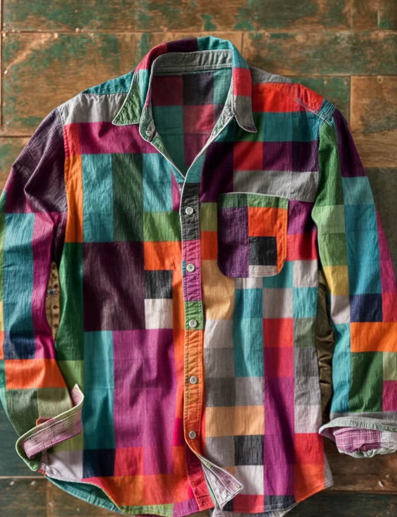 Camisa de patchwork de manga larga para hombre con bolsillo y botones en la parte delantera
