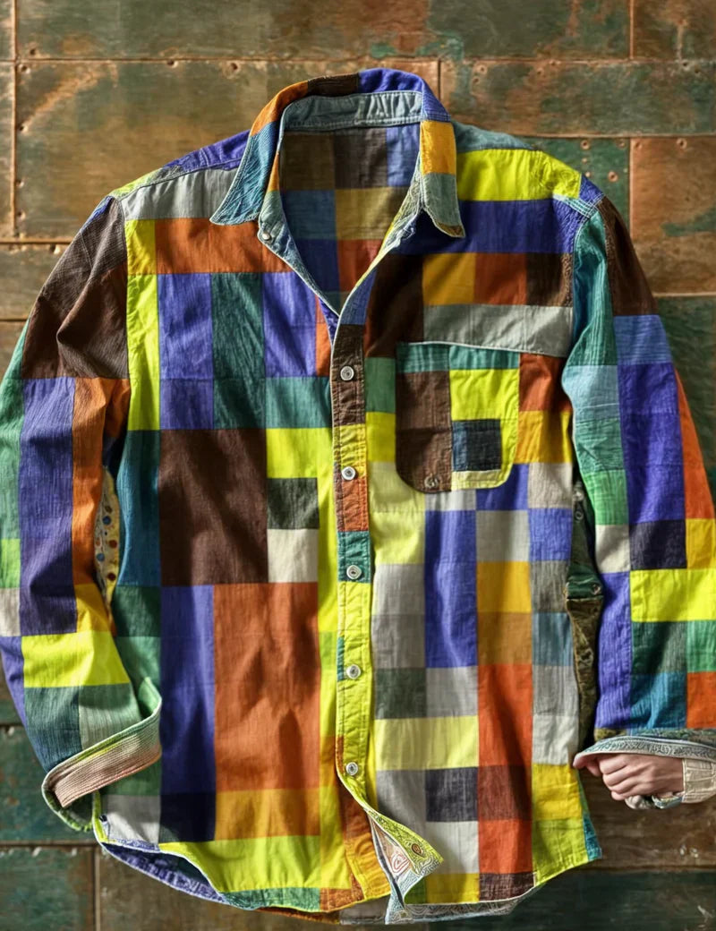 Camisa de patchwork de manga larga para hombre con bolsillo y botones en la parte delantera