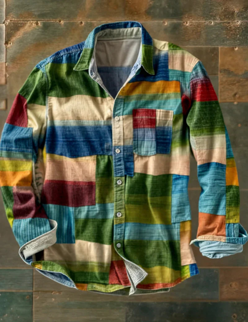 Camisa de patchwork de manga larga para hombre con bolsillo y botones en la parte delantera