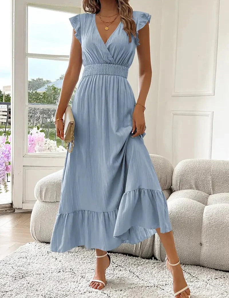Women's Ruffle Sleeve Maxi Dress with V-Neck and Smocked Waist
