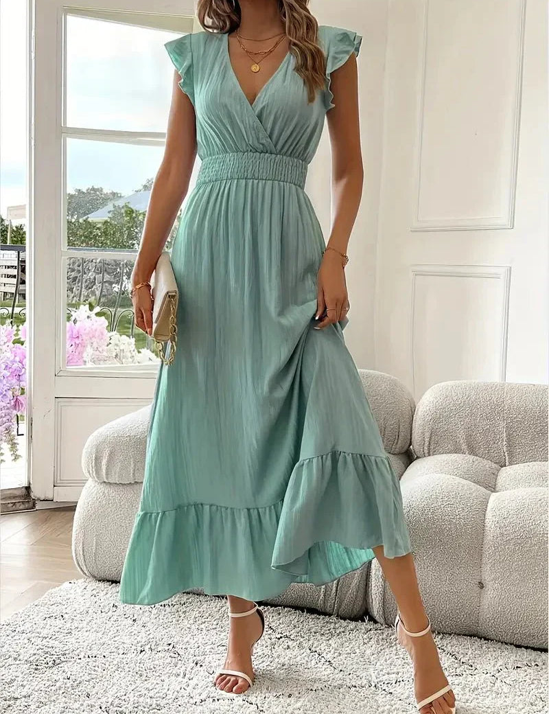 Women's Ruffle Sleeve Maxi Dress with V-Neck and Smocked Waist