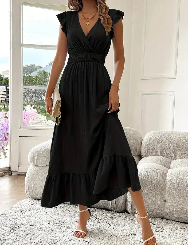 Women's Ruffle Sleeve Maxi Dress with V-Neck and Smocked Waist