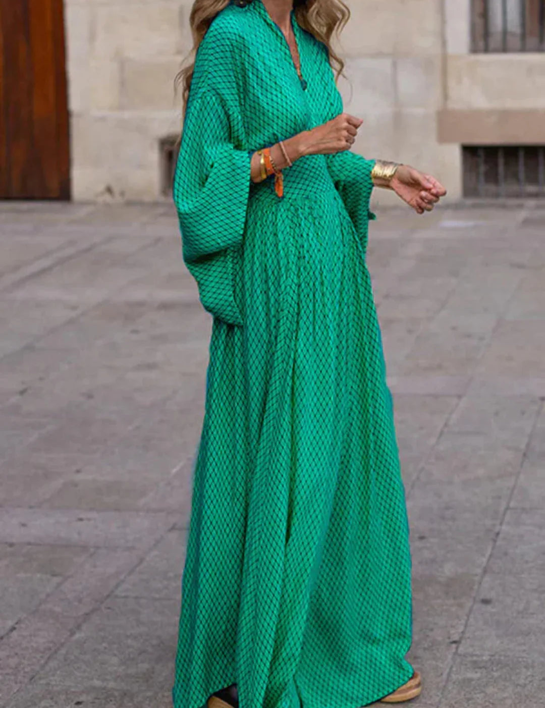 Vestido largo con estampado geométrico para mujer, mangas largas y escote en V