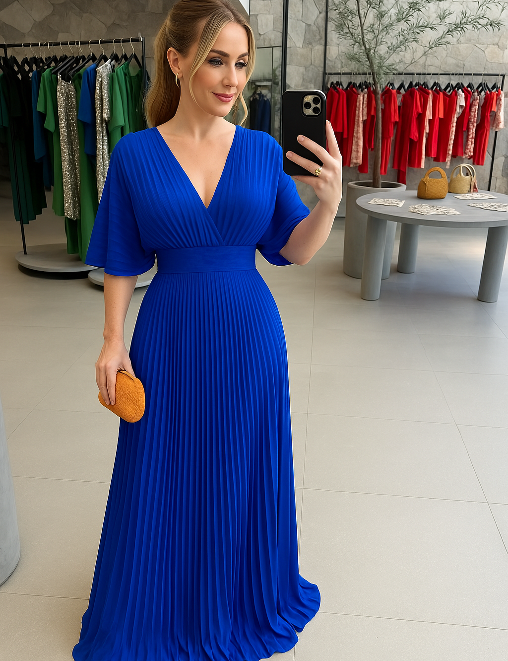 Women’s Elegant Maxi Dress with Pleated Skirt and Wide Sleeves