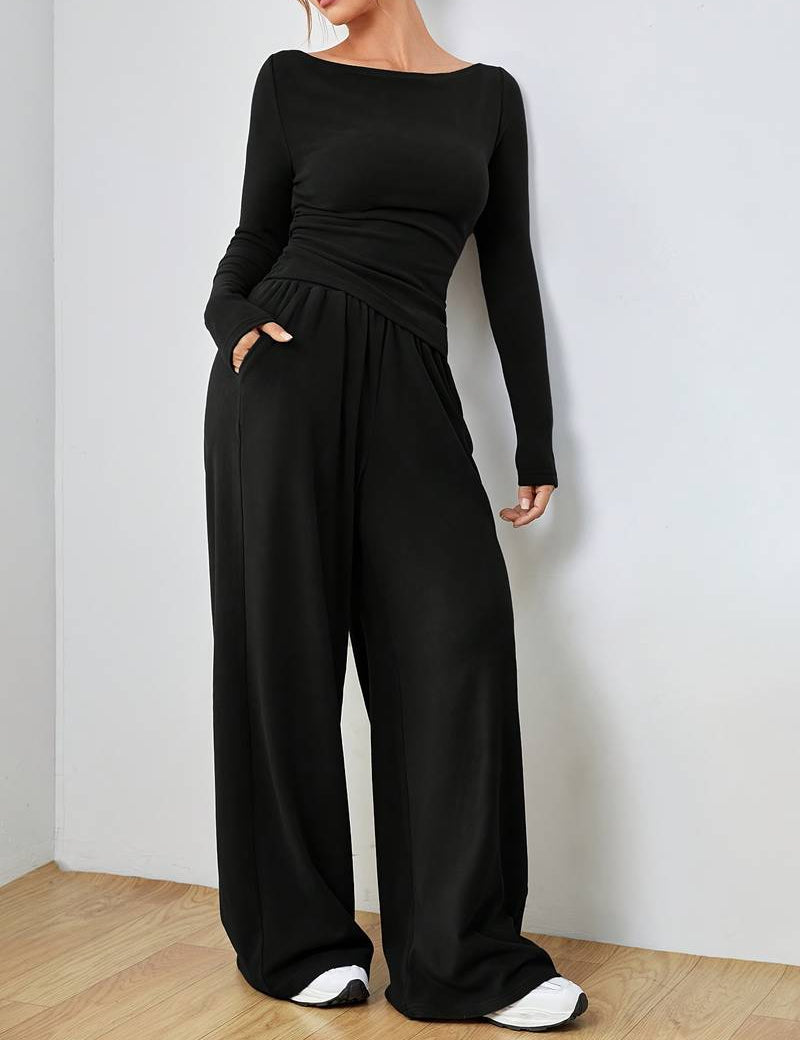 Conjunto informal de camisa de manga larga y pantalón ancho para mujer