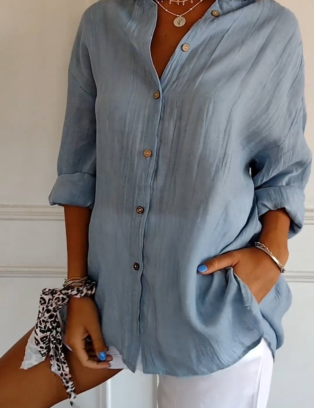 Camisa informal de manga larga con botones para mujer