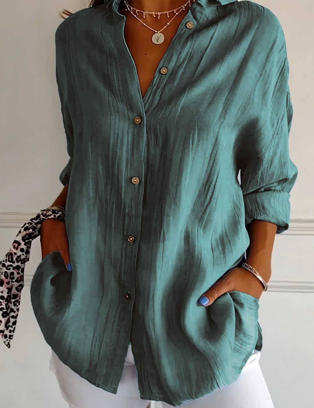 Camisa informal de manga larga con botones para mujer