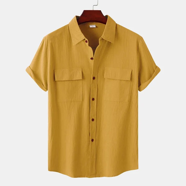 Camisa informal de manga corta para hombre con bolsillos delanteros y cierre de botones