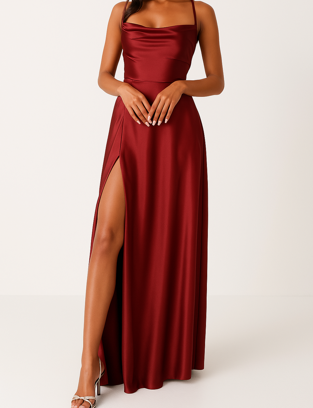 Vestido largo sin mangas para mujer con escote drapeado y abertura lateral