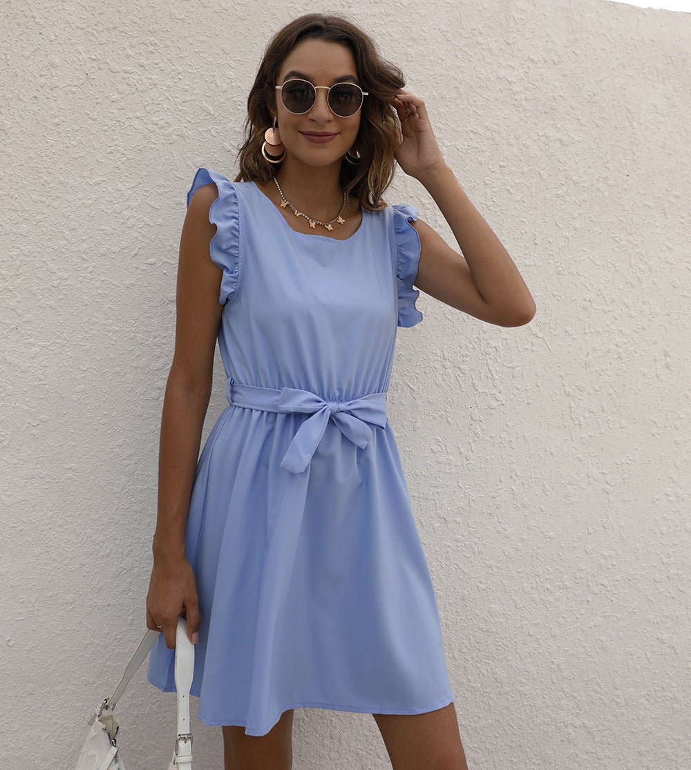 Vestido midi sin mangas para mujer con volantes en los hombros y lazo en la cintura