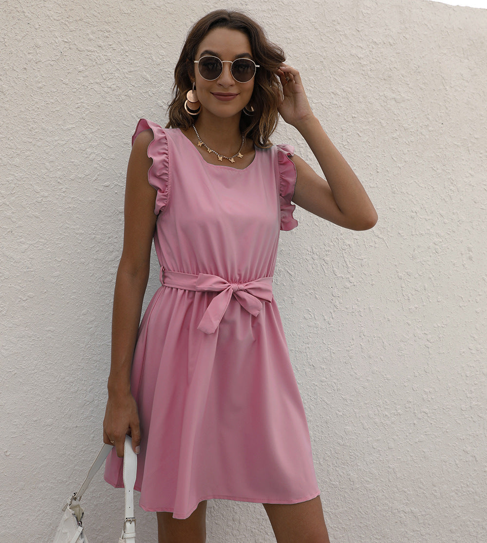 Vestido midi sin mangas para mujer con volantes en los hombros y lazo en la cintura