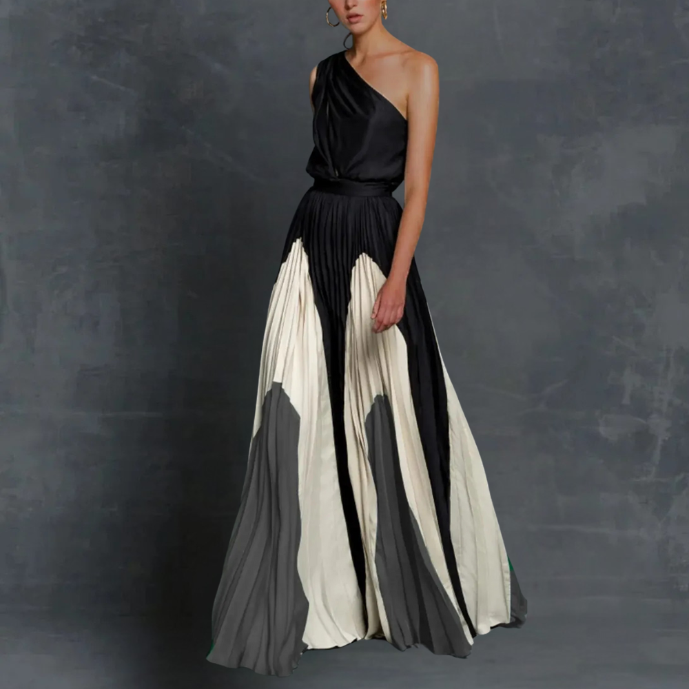 Vestido largo plisado de un solo hombro para mujer con falda con bloques de color