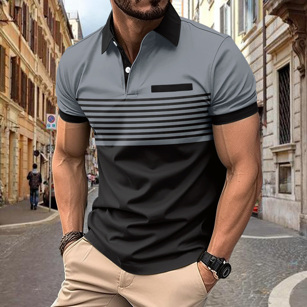 Polo de manga corta ajustado para hombre con diseño de rayas y bloques de color