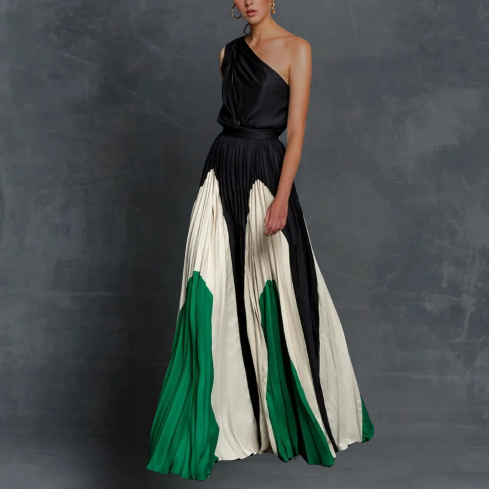 Vestido largo plisado de un solo hombro para mujer con falda con bloques de color