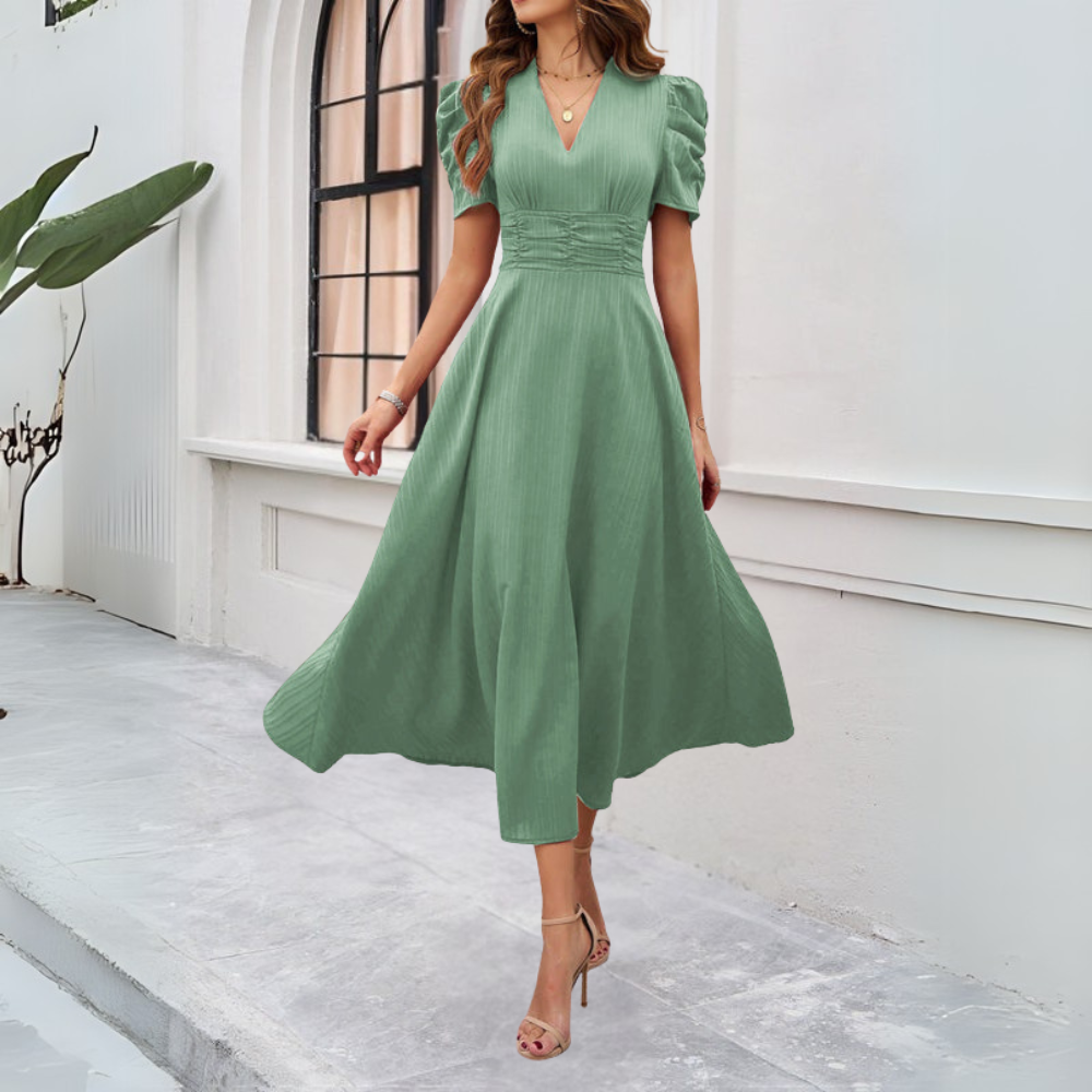 Women's V-Neck Puff Sleeve Maxi Dress with Fitted Waist Detail