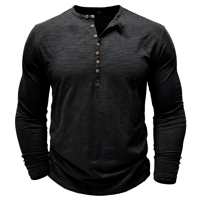 Camisa Henley informal de manga larga para hombre con tapeta de botones en la parte delantera