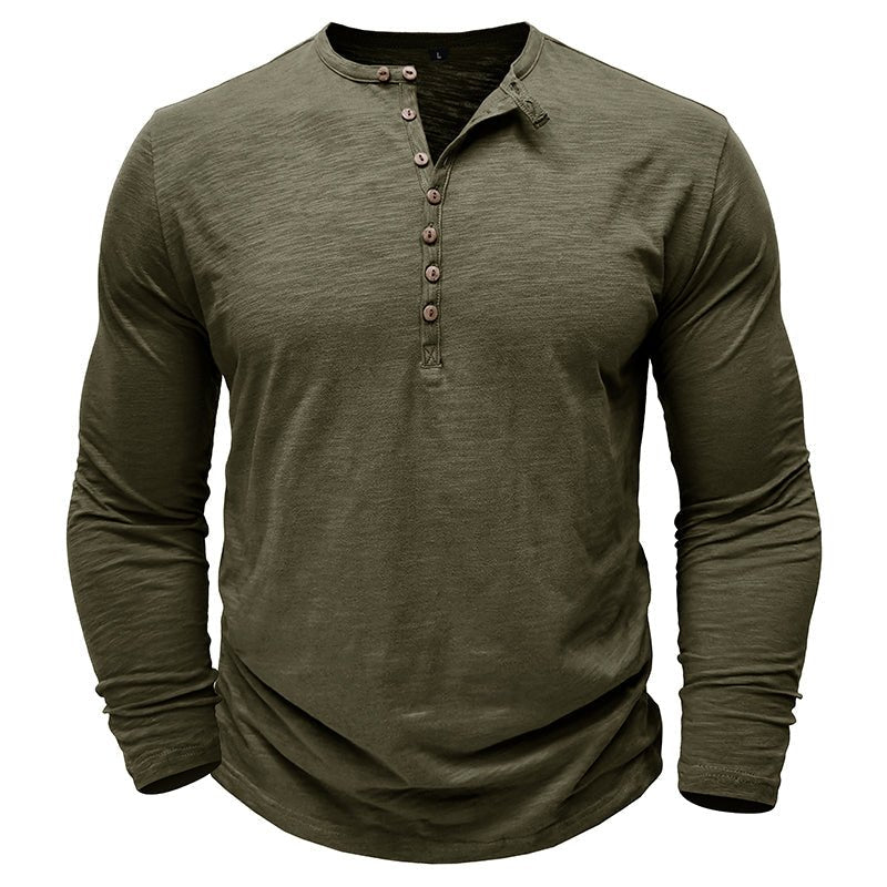 Camisa Henley informal de manga larga para hombre con tapeta de botones en la parte delantera