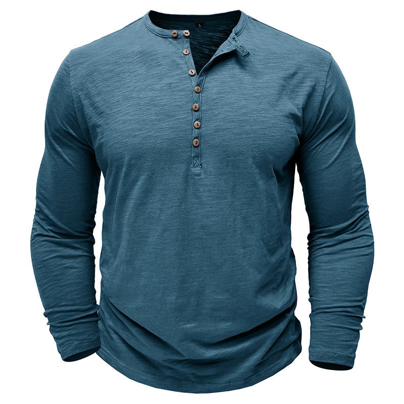 Camisa Henley informal de manga larga para hombre con tapeta de botones en la parte delantera