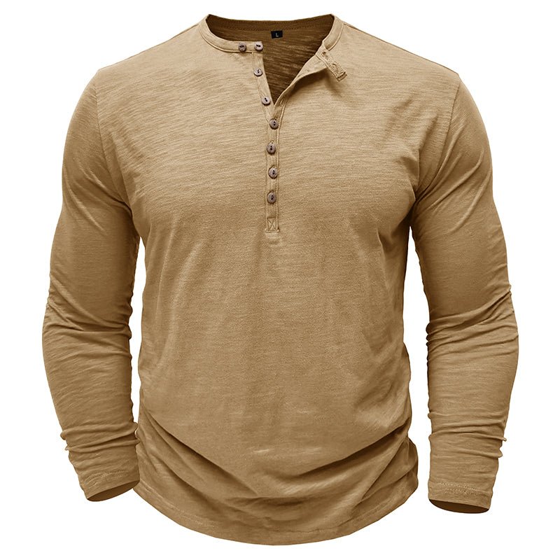 Camisa Henley informal de manga larga para hombre con tapeta de botones en la parte delantera