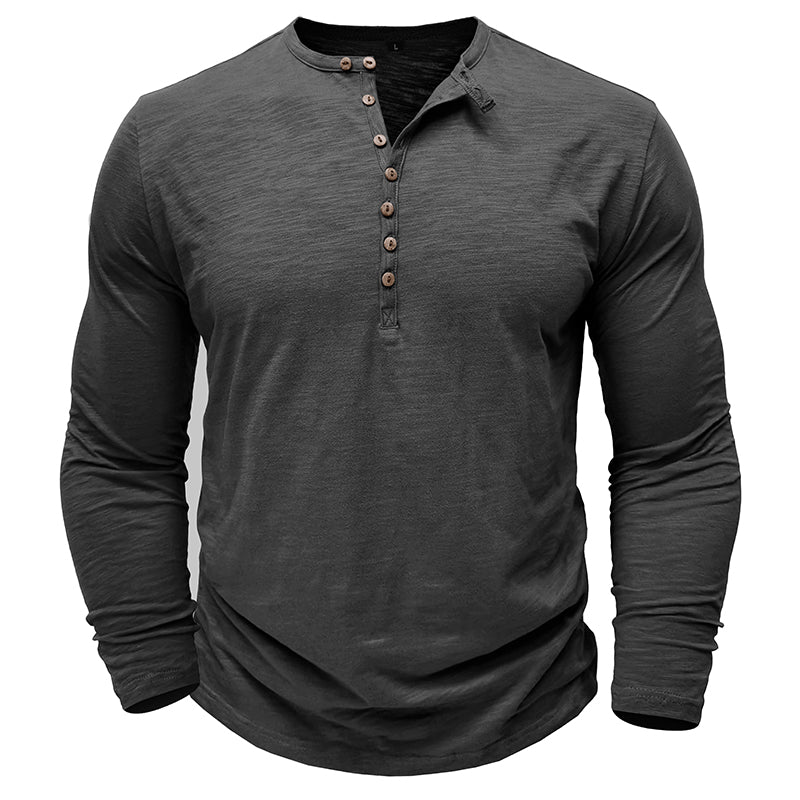 Camisa Henley informal de manga larga para hombre con tapeta de botones en la parte delantera