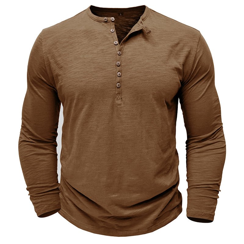 Camisa Henley informal de manga larga para hombre con tapeta de botones en la parte delantera
