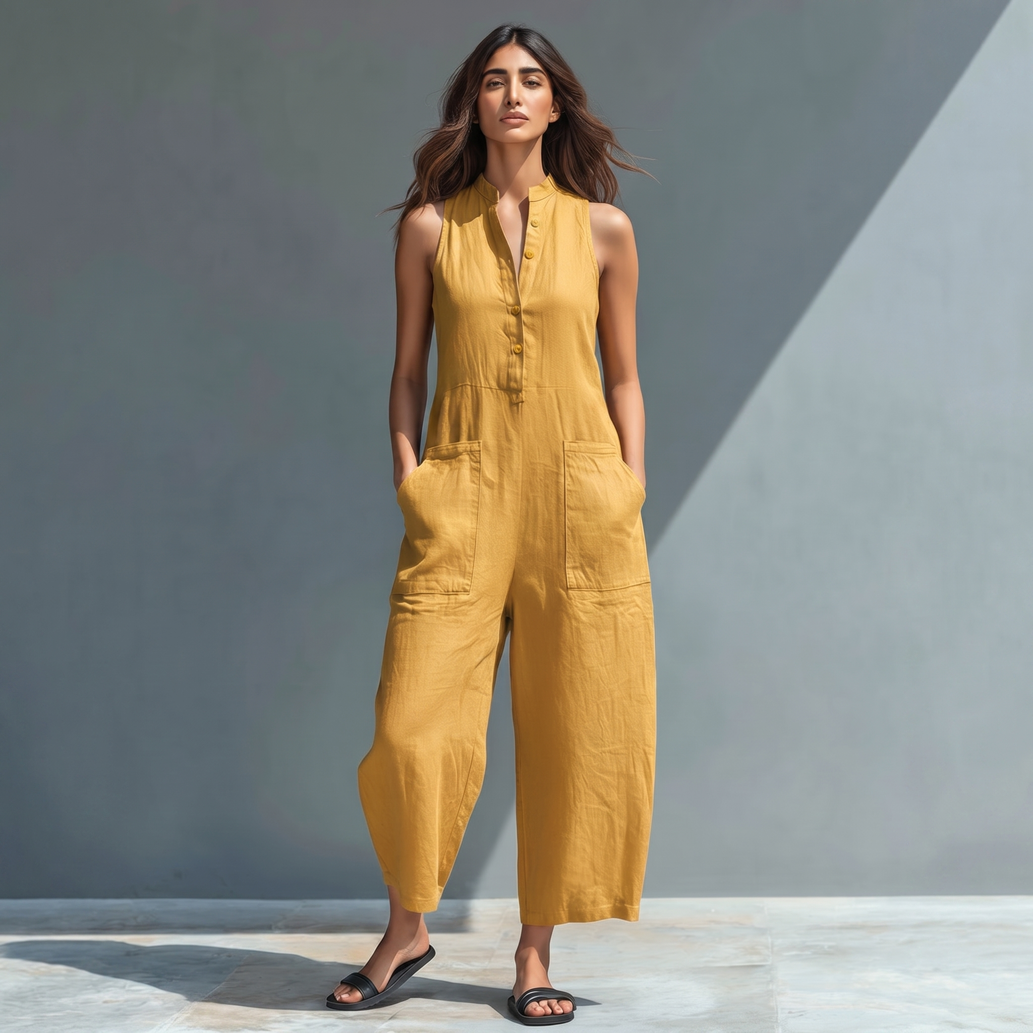Mono holgado sin mangas de mujer, de cuello alto, con botones, en mezcla de lino y estilo minimalista