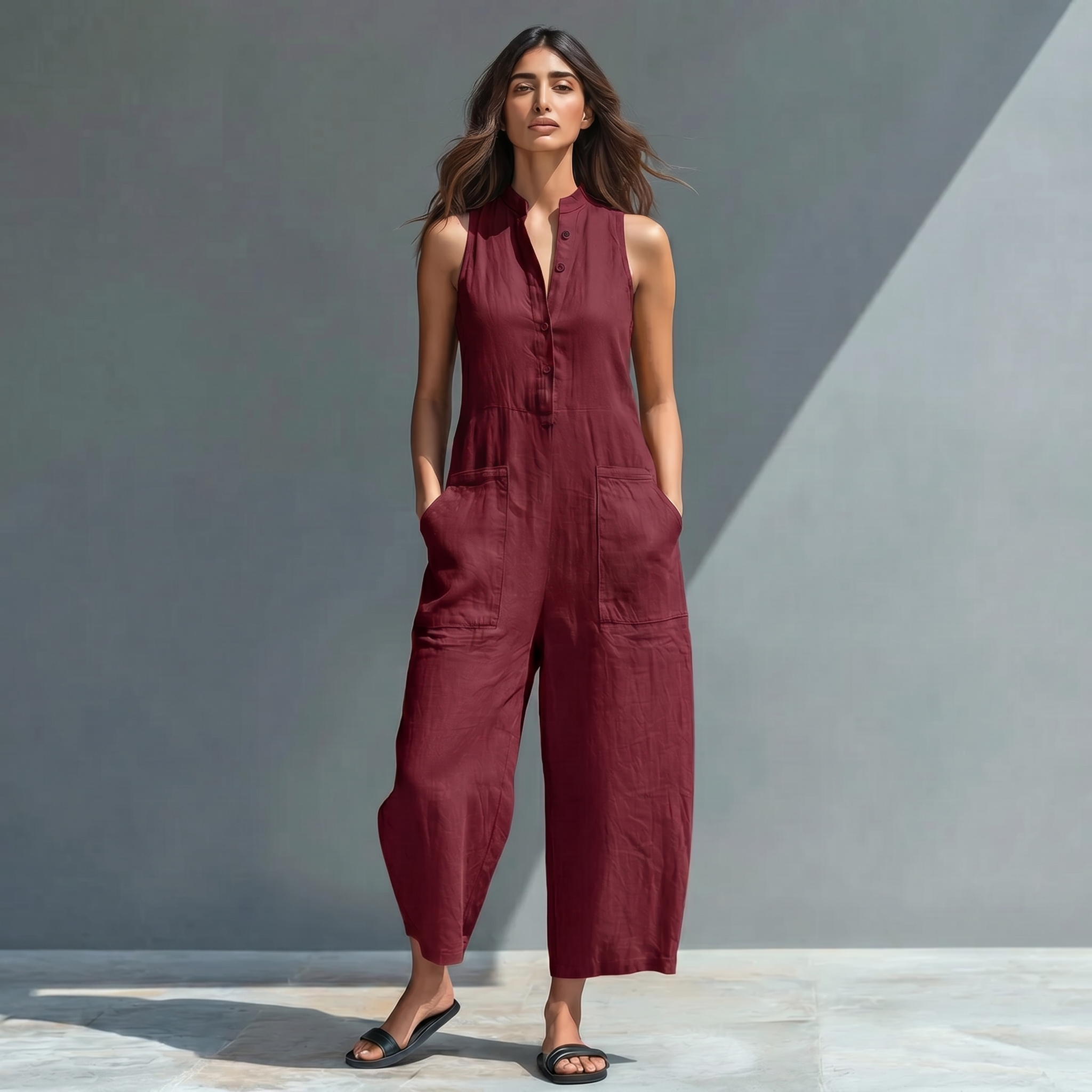 Mono holgado sin mangas de mujer, de cuello alto, con botones, en mezcla de lino y estilo minimalista