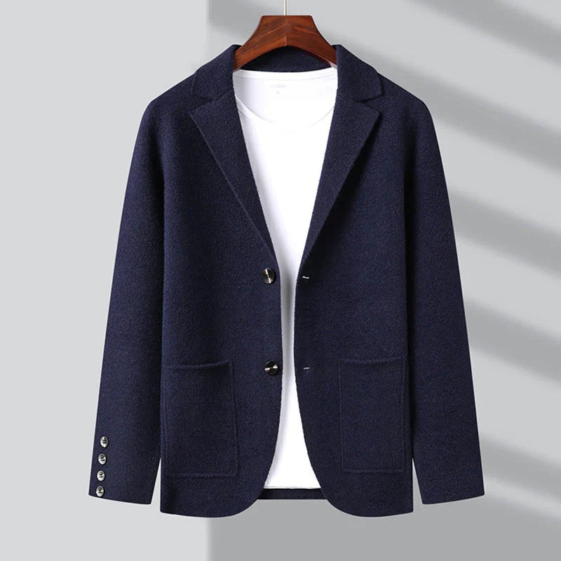 Cárdigan estilo blazer para hombre con cuello de solapa y bolsillos de parche